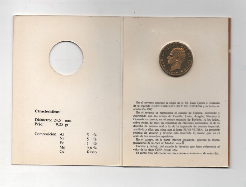 ESPAÑA CARTERA OFICIAL DE PESETAS J. CARLOS I DEL AÑO 1982  PRUEBA  NUMISMATICA DE 100 PESETAS